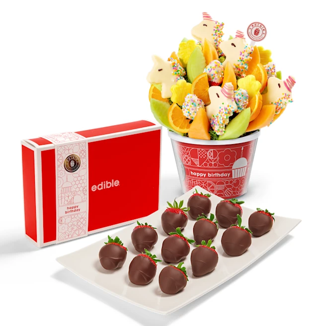 Birthday Chocolate-Covered Strawberries & Unicorn Fruit Bouquet Gift Bundle