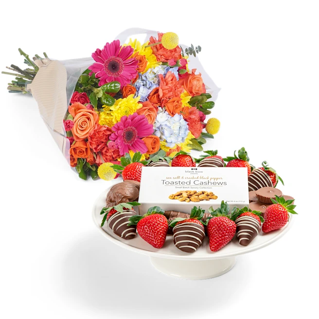 Chocolate Covered Dreams Platter & Flowers Bundle