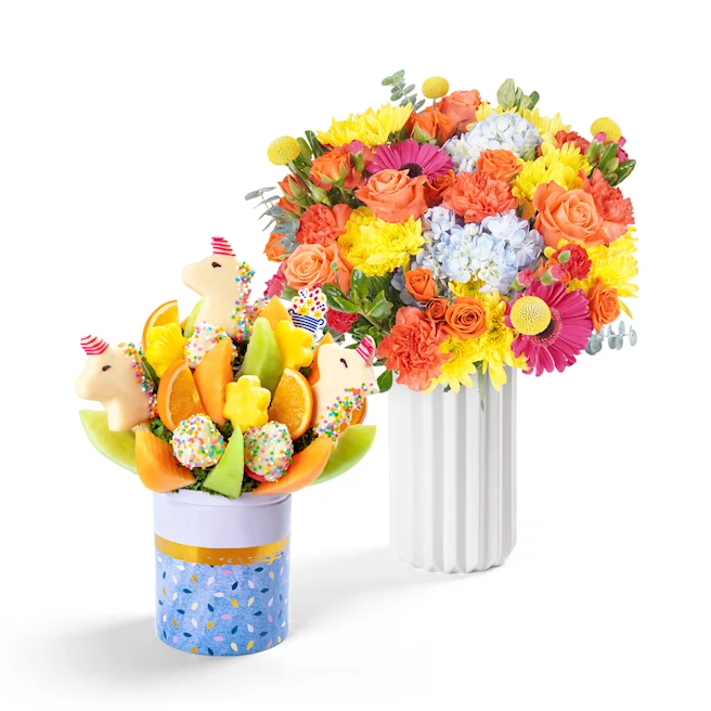 Unicorn Fruit Bouquet and Flowers Gift Bundle