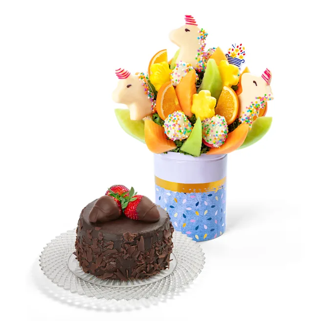 Unicorn Fruit Bouquet & Chocolate Cake Gift Bundle